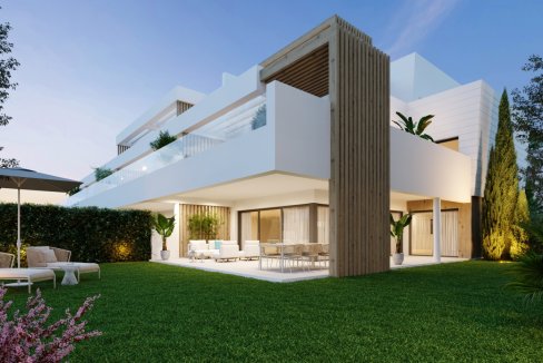 Garden at night Off Plan Ground Floor Apartment for Sale in Estepona