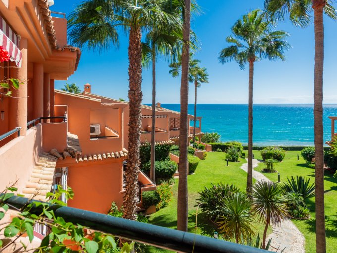 Terrace view Beachfront apartment in Bermuda Beach,  Estepona for sale