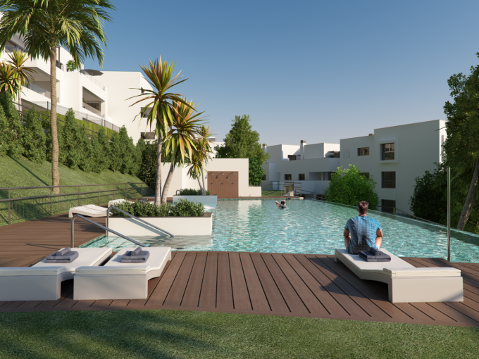 Pool area New Apartment in Casares Costa for Sale