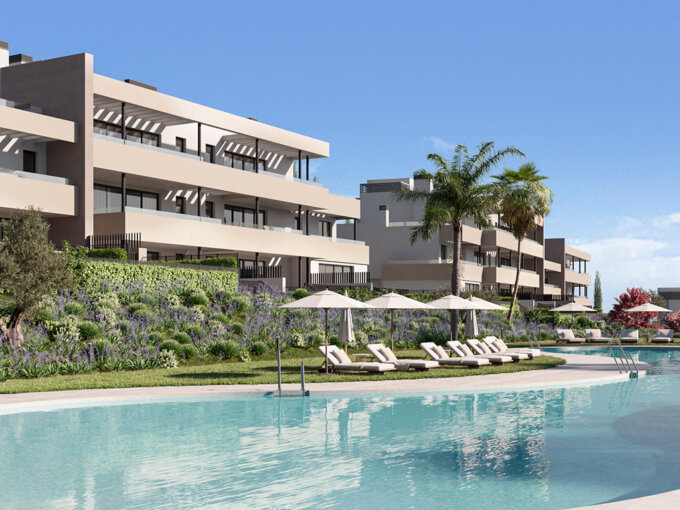 Pool area New Built Apartment for Sale in Casares Costa