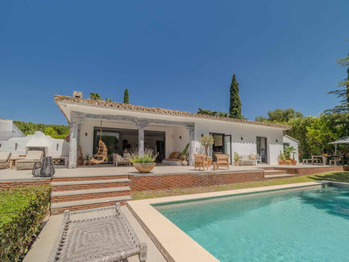 Exterior Ibiza Style Villa for Sale in Hacienda Las Chapas. Property for sale in Marbella.