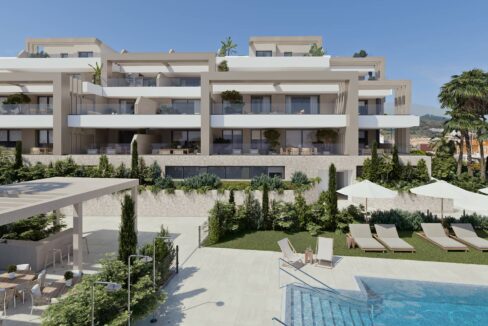Outdoor area Newly Built Apartment in Estepona for Sale. Property for sale in Marbella.