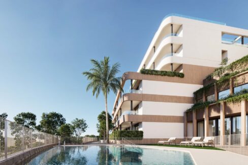 Pool area New Golfside Apartment in Estepona for Sale. Real estate for sale in Marbella.