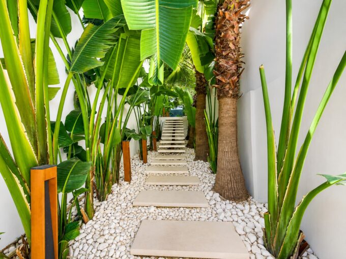 Garden walkway in Designer Villa for sale in Nueva Andalucía, Marbella, Spain