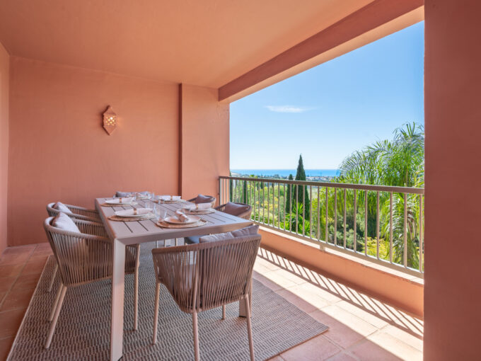 Outdoor table Apartment for Sale in Los Flamingos Golf Resort with Sea and Golf View, Benahavis