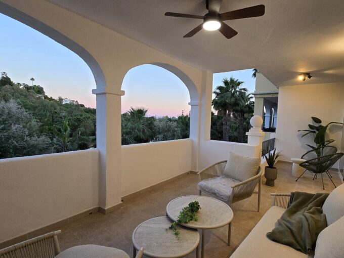 Terrace from Frontline Golf Apartment for Sale in La Quinta, Spain