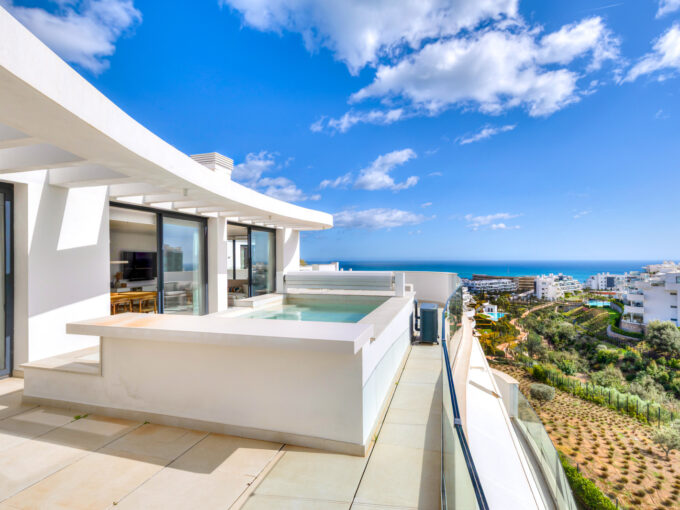Pool view from Luxury Penthouse for Sale with Private Rooftop Pool and Panoramic Sea Views in Fuengirola